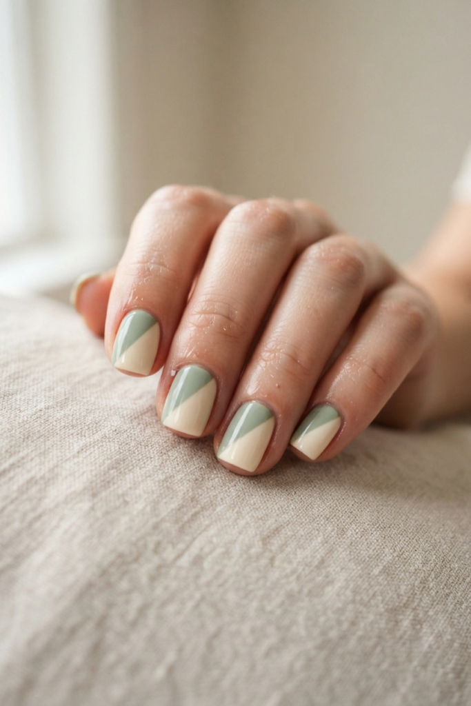 Sage and Cream Color Block nails