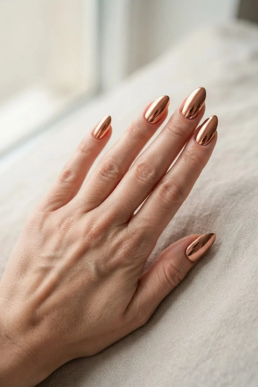 Almond nails in a warm copper mirror chrome finish