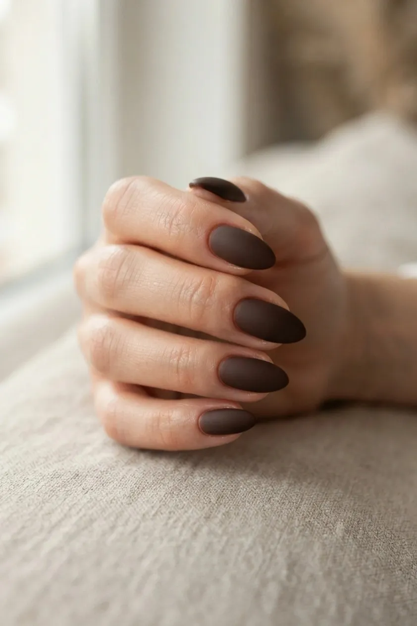 Almond nails in dark espresso brown with a flat matte finish