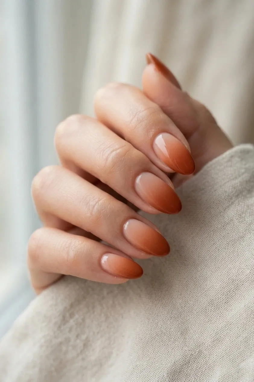 Almond nails with a rust orange ombre fading from the tips to a nude cuticle