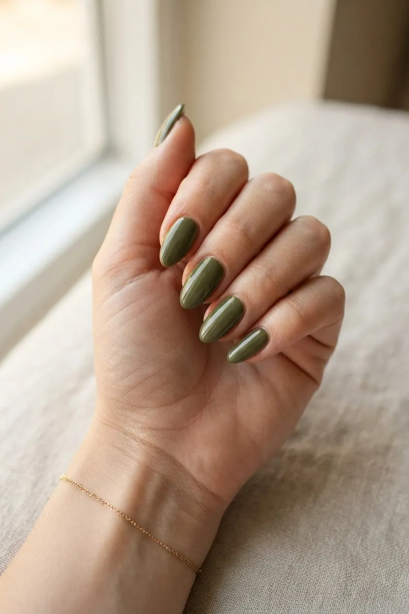 Almond nails in a glossy muted olive green