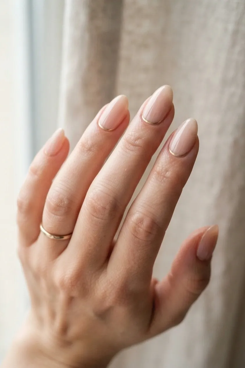 Nude almond nails with a fine gold arc following the cuticle curve