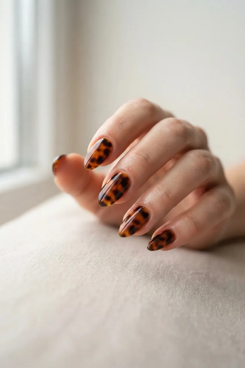 Almond nails in an amber and dark brown tortoiseshell pattern