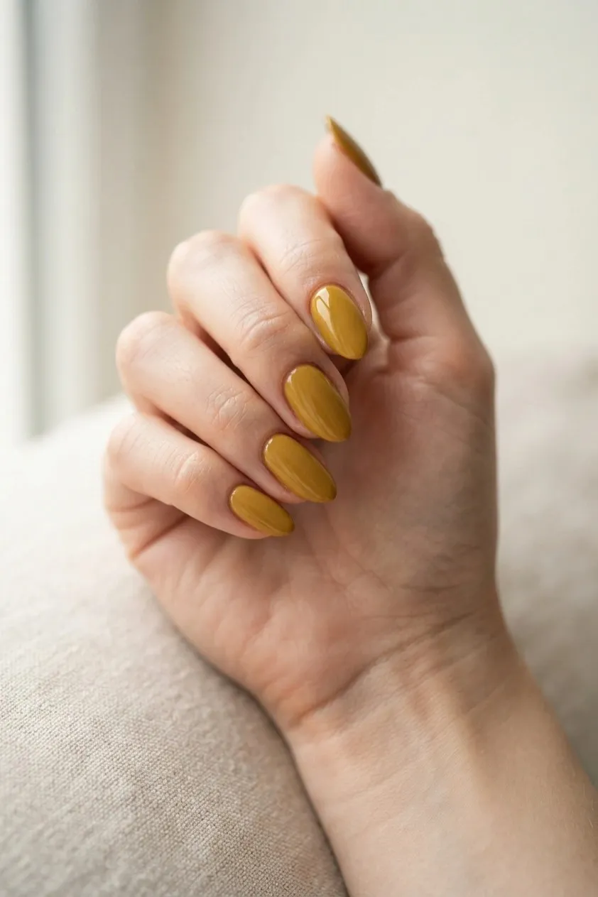 Almond nails in a glossy dull mustard yellow