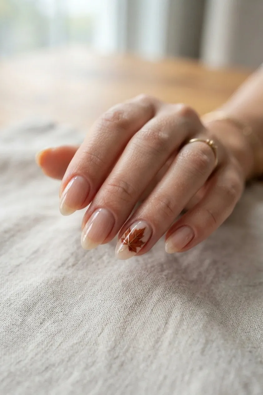 Bare almond nails with a single rust colored leaf accent nail