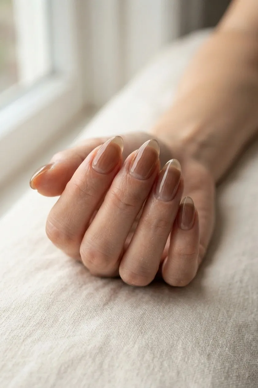 Almond nails in a sheer translucent brown wash