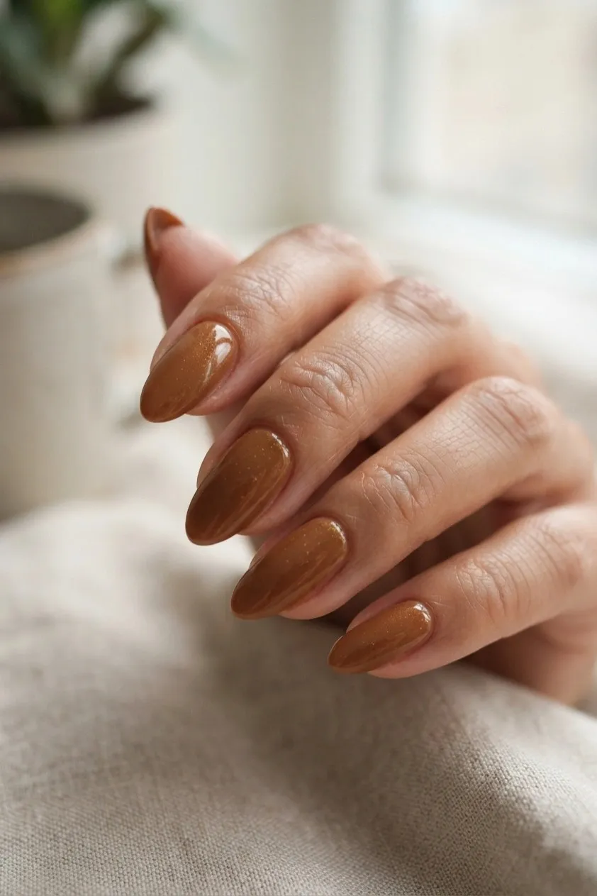 Almond nails in caramel toffee brown with fine gold shimmer flecks