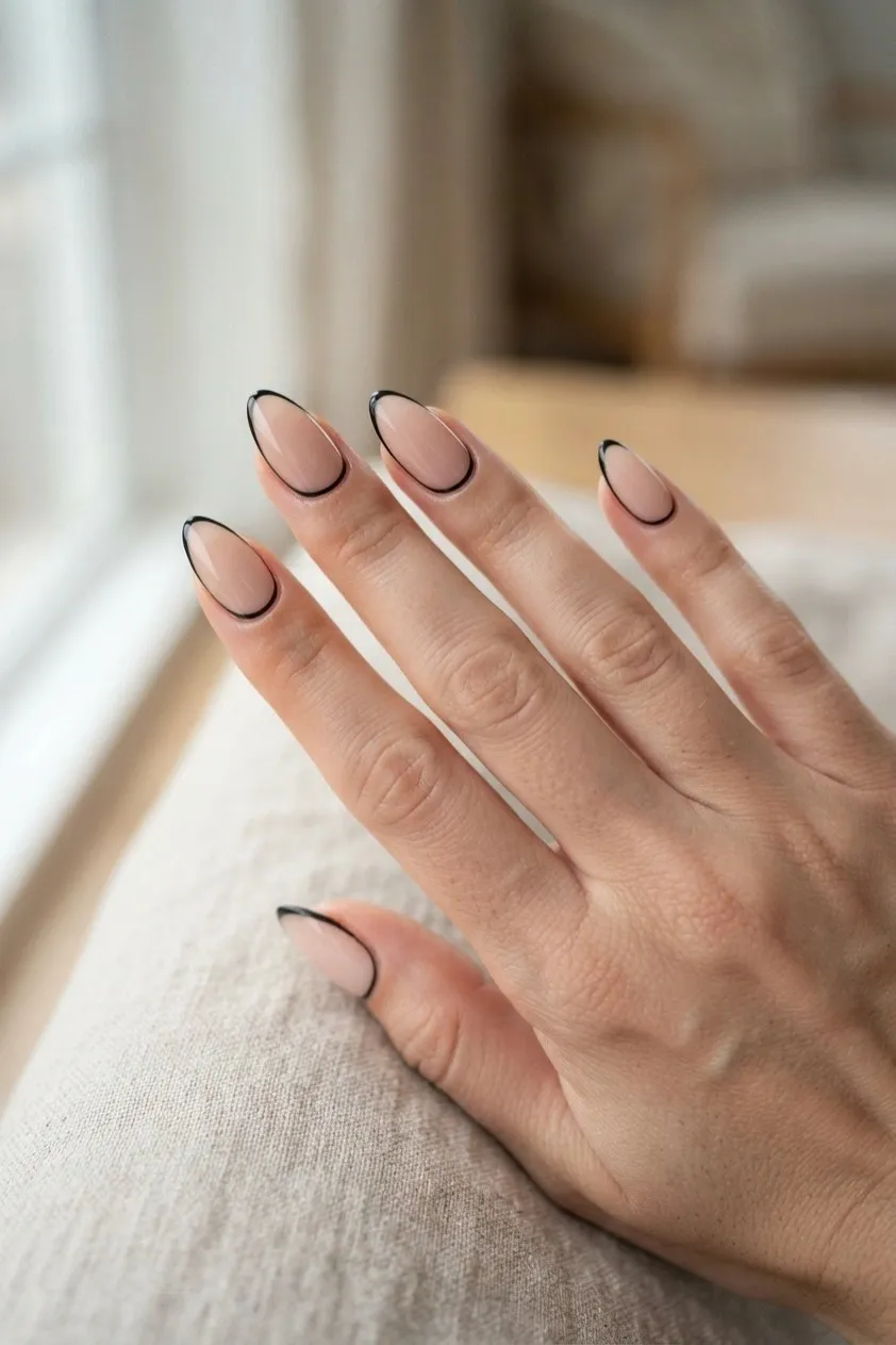 Sheer nude almond nails traced with a fine black outline