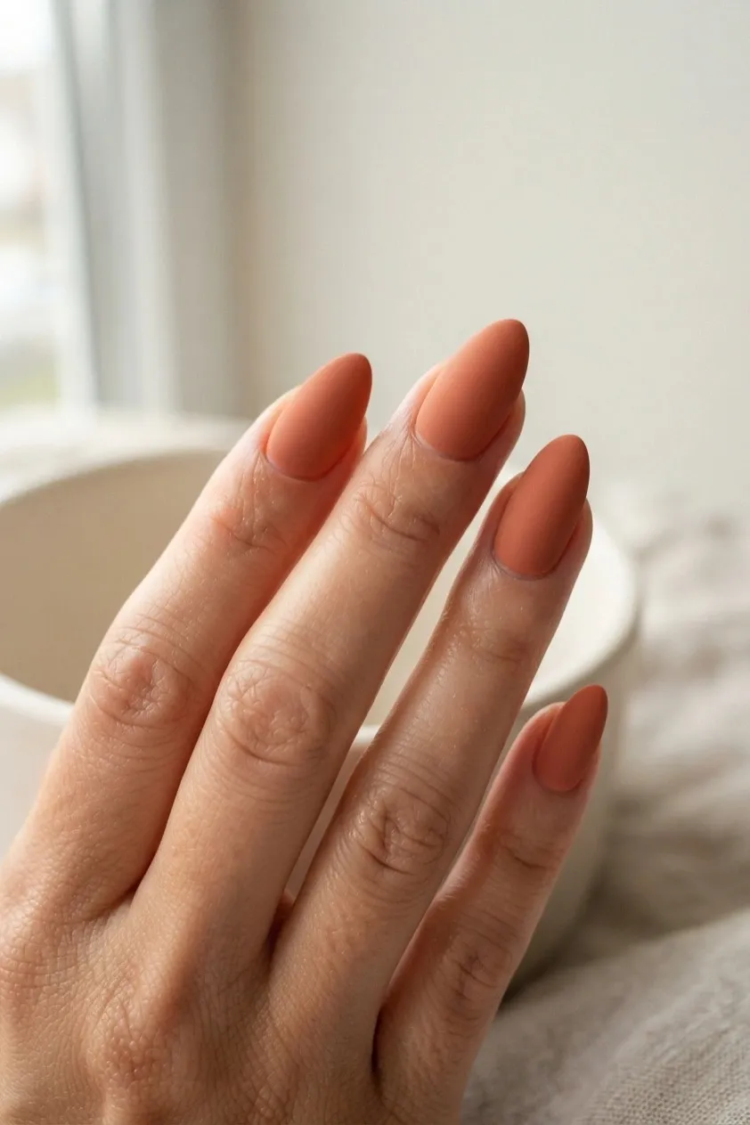 Almond nails in a dusty terracotta with a flat matte finish