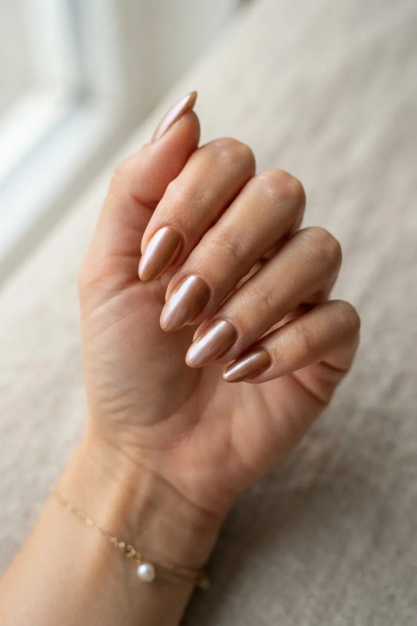 Almond nails in warm bronze with a milky pearl glazed sheen