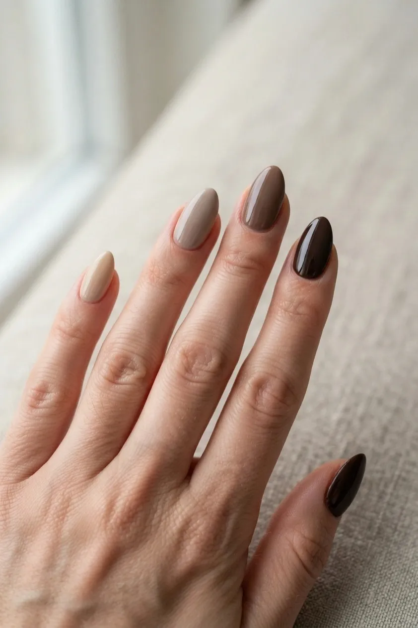 Almond nails in graduated shades from pale sand to dark espresso