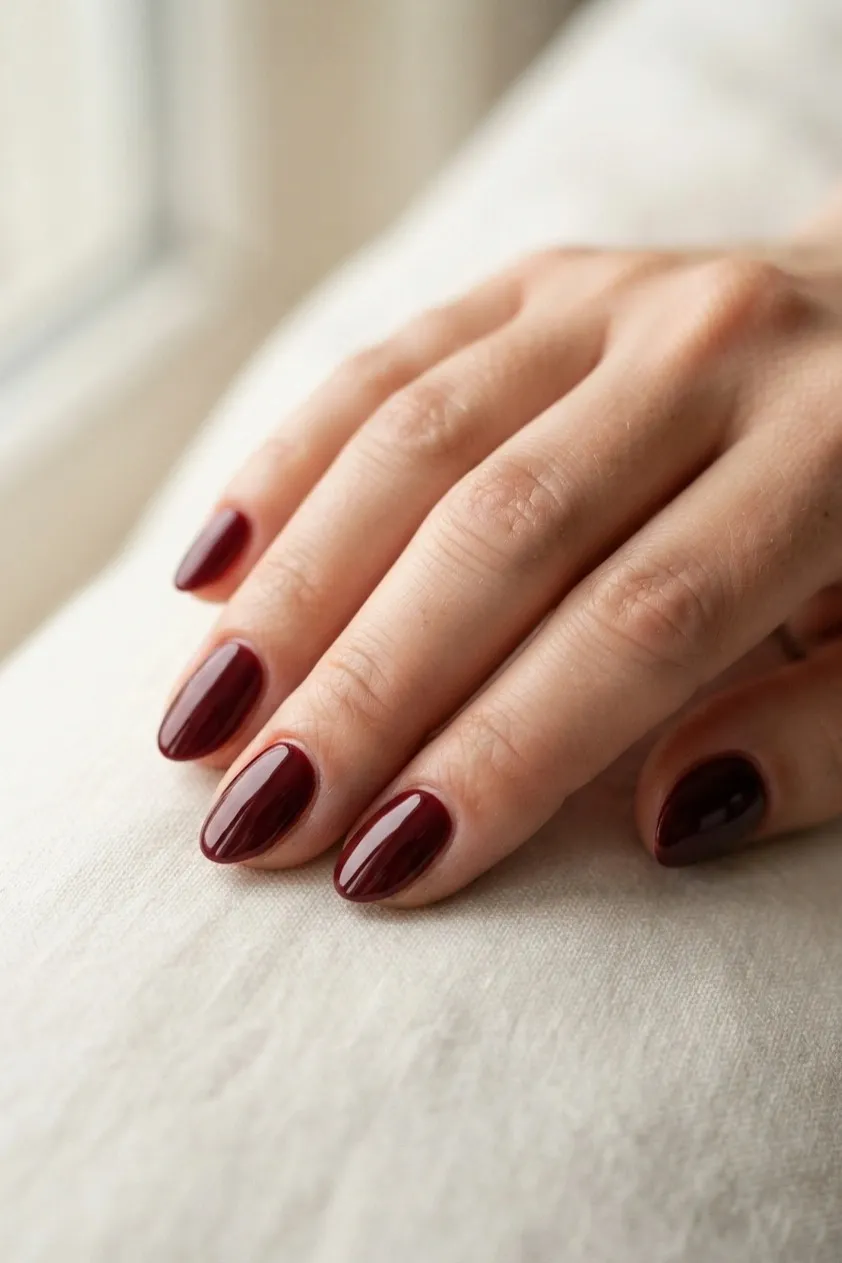 Short almond nails in a deep oxblood red