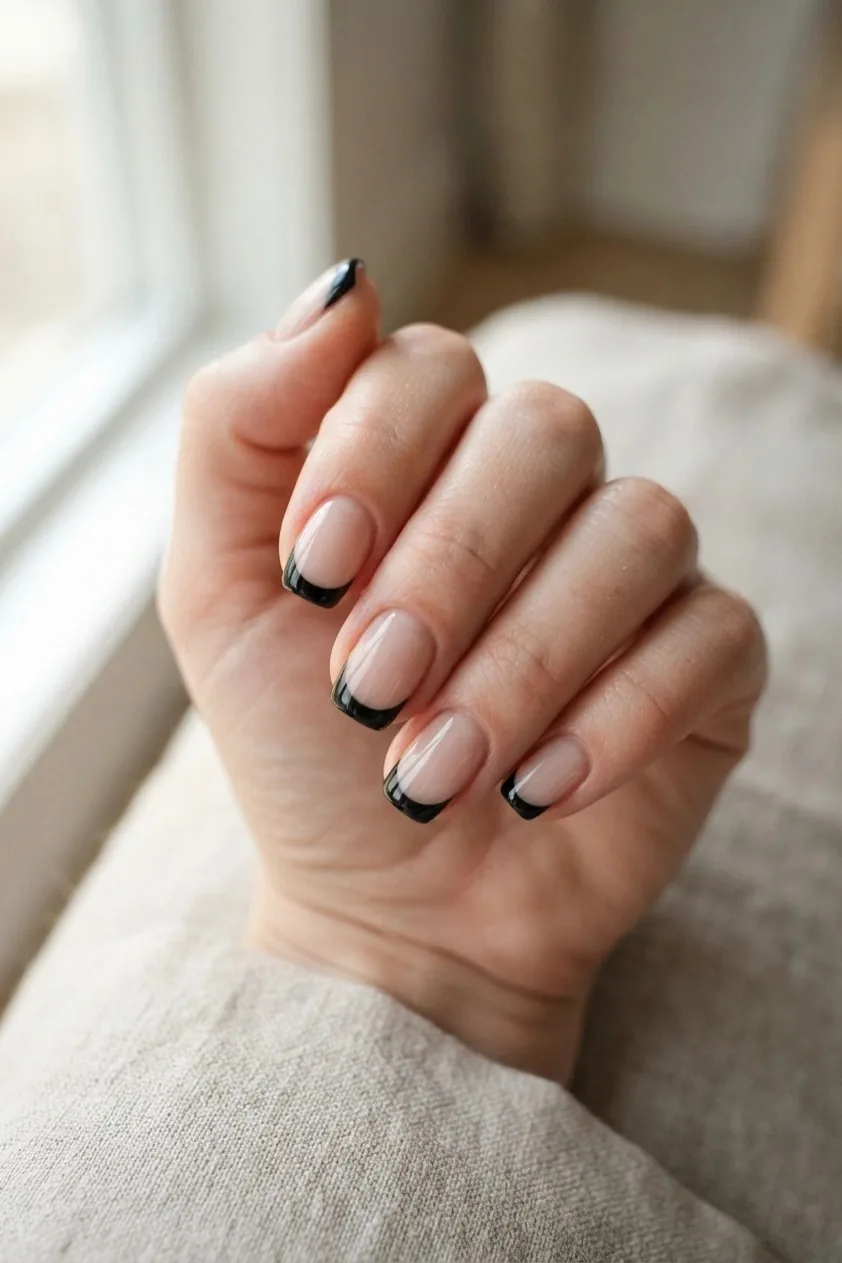 Sheer nude nails with a crisp black French tip on a short almond shape
