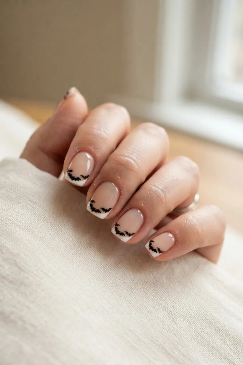 Nude nails with small black bat silhouettes painted across the free edge
