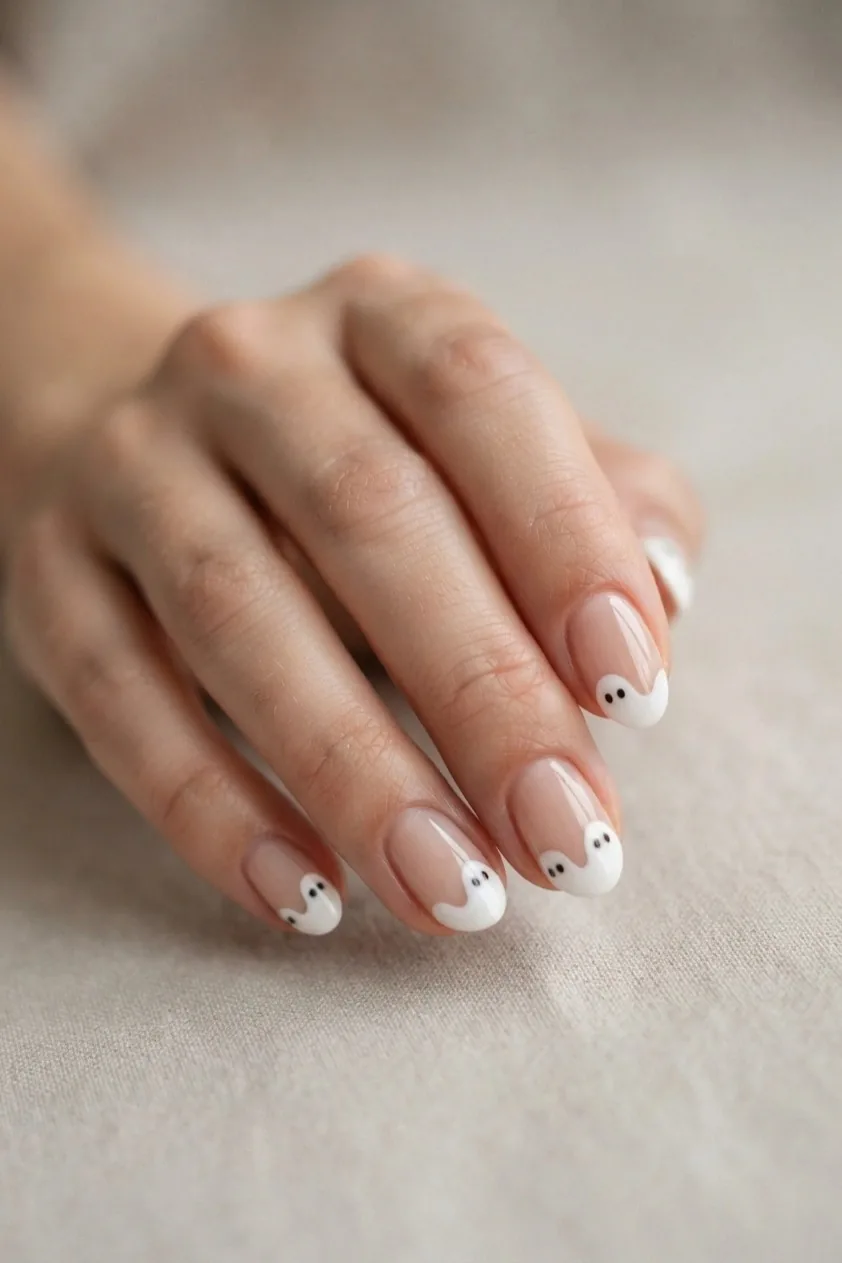Nude nails with a white ghost shape forming the curve of the French tip