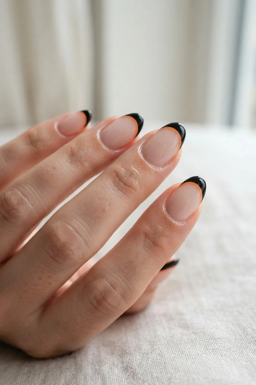 Nails with a double French tip in stacked lines of orange and black