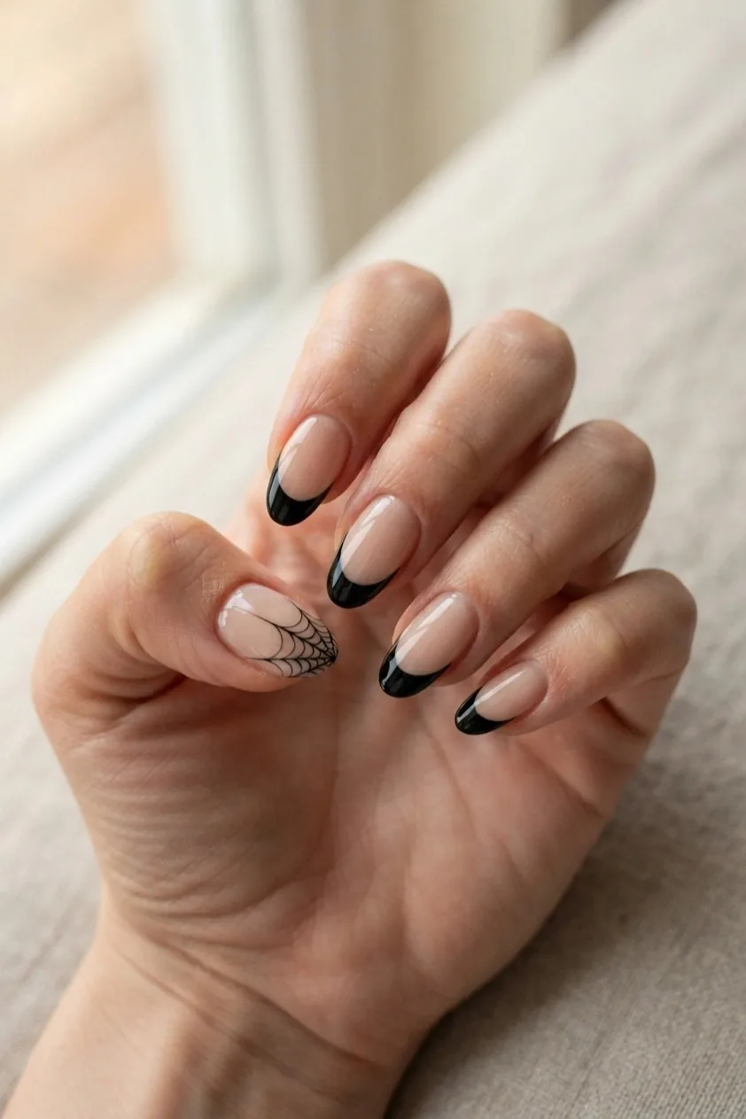 Nude nails with a fine black spiderweb spun out from one top corner