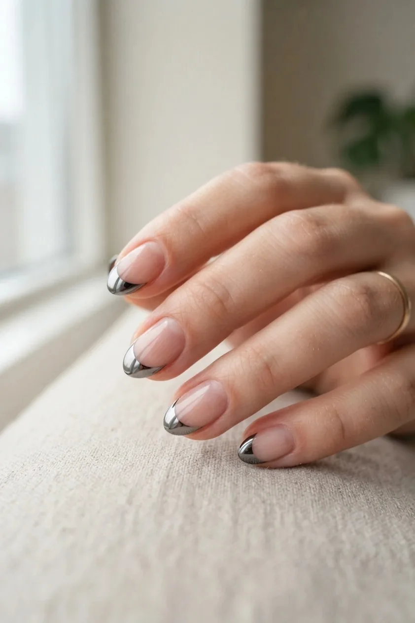 Nails with a mirrored silver chrome French tip over a soft nude base