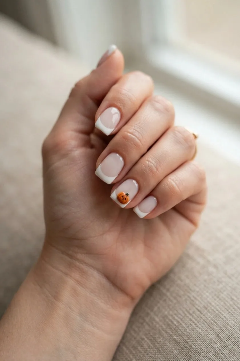 Nude nails with a tiny orange pumpkin painted onto the white tip
