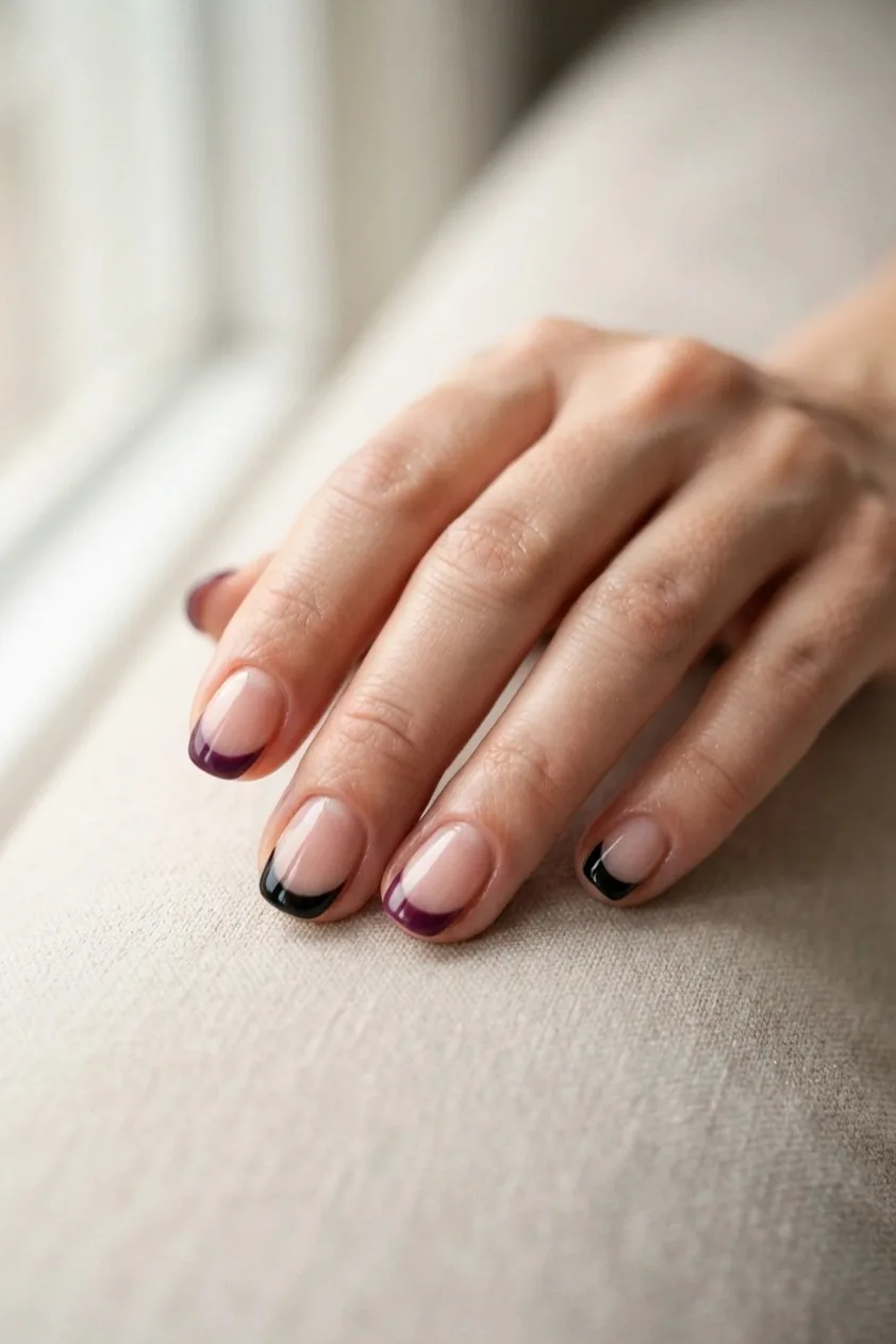Nails with French tips alternating between deep purple and black