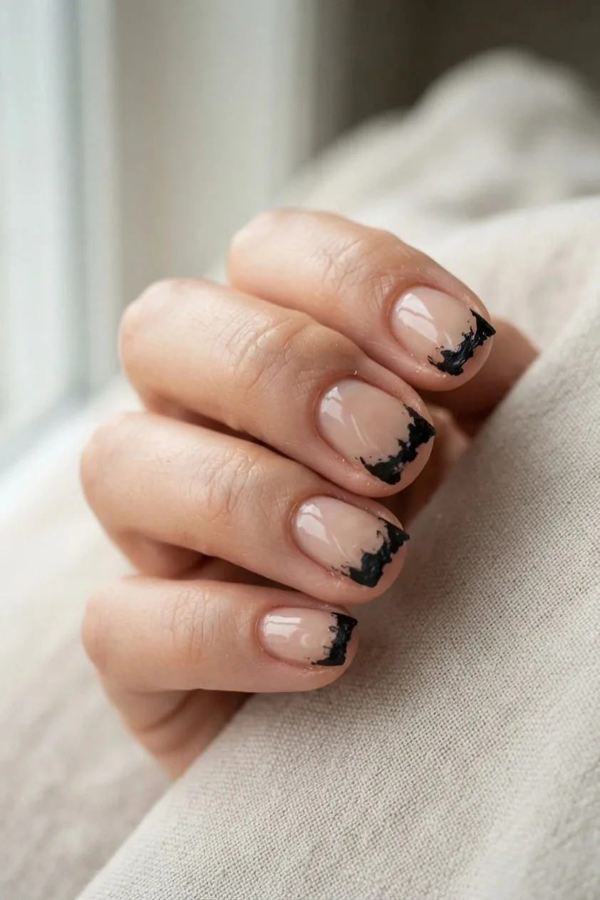 Nude nails with a black tip cut into a sharp jagged zigzag line