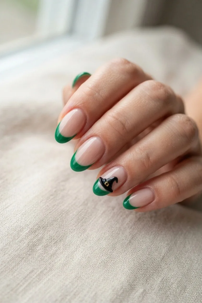 Nude nails with a small black witch hat painted on the nail tip