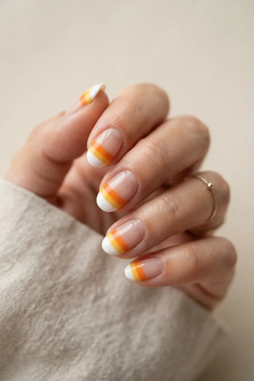 Nails with a layered candy corn tip in white, orange, and yellow