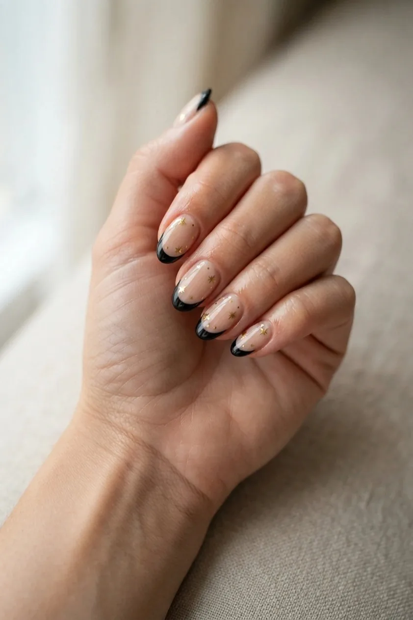 Nude nails with tiny gold stars scattered along the French tip line