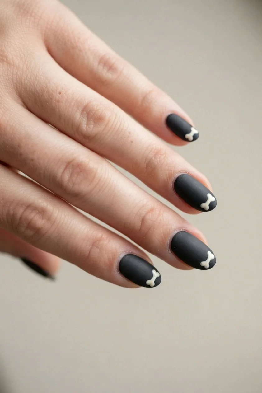 Nude nails with small white bone shapes drawn along the free edge