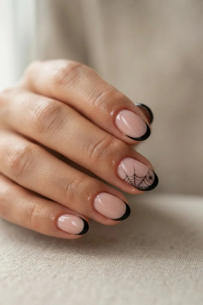 Nude nails with a fine black web stretched across the smile line