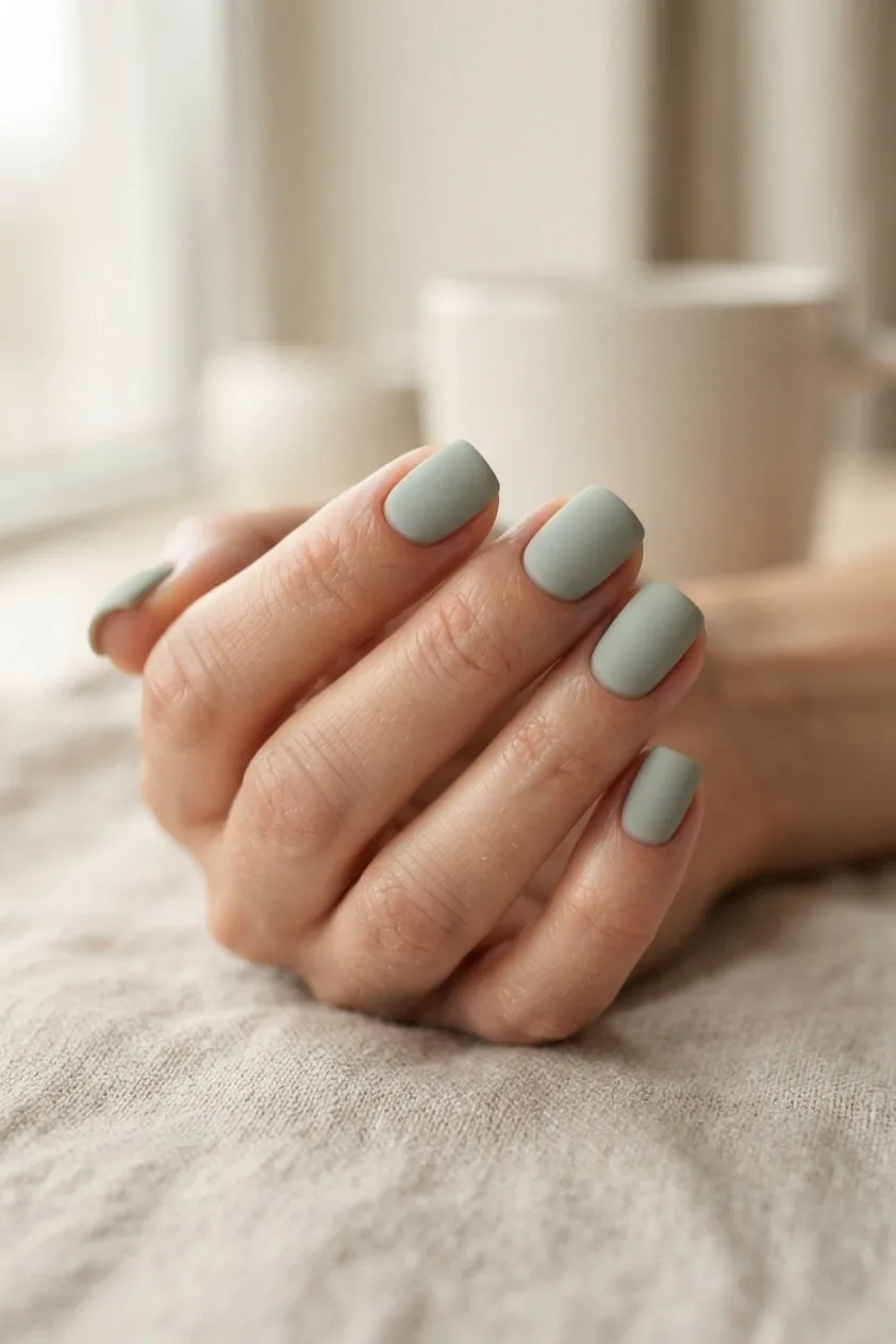Short square nails in a soft grey sage green with a flat matte finish