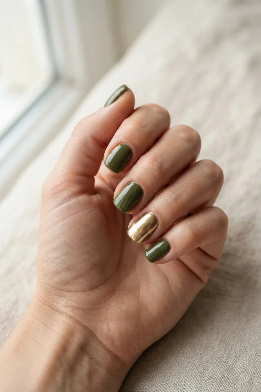 Olive green nails with a single metallic gold accent nail