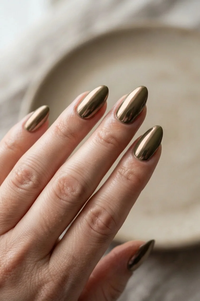 Almond nails in a mirror chrome finish over olive green with an antique bronze look