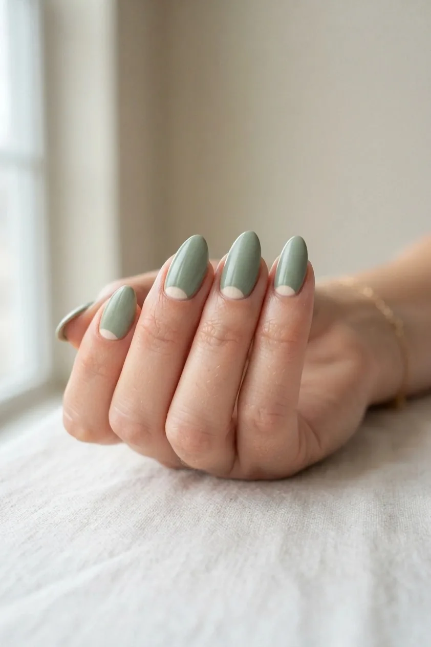 Sage green nails with a cream half moon crescent at the base of each nail