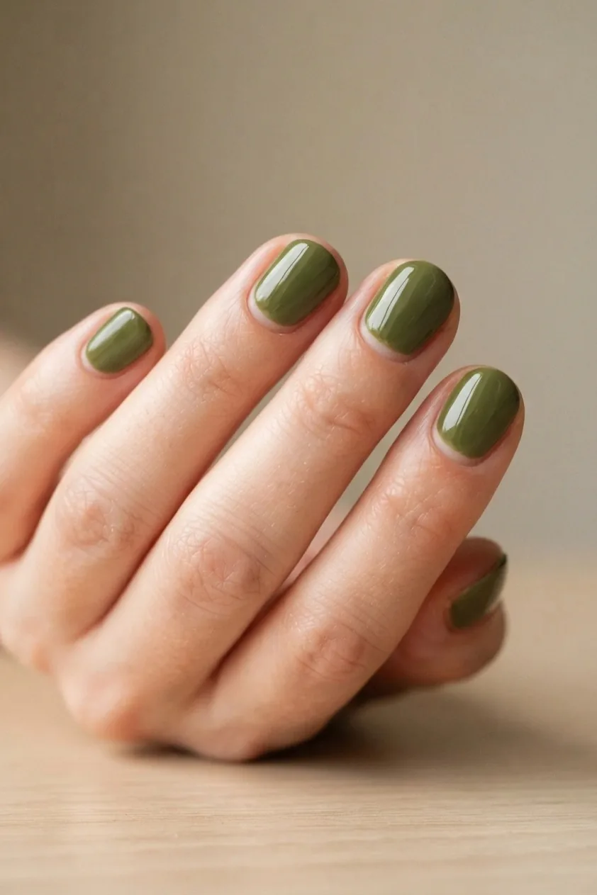 Short nails in olive green with a hairline of bare nail along each side wall