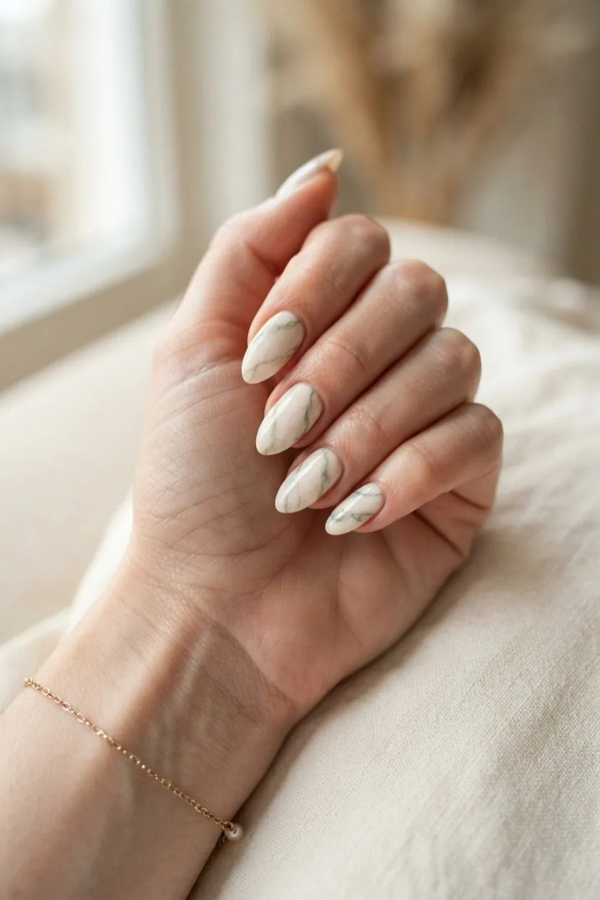 Cream nails with fine sage green marble veining
