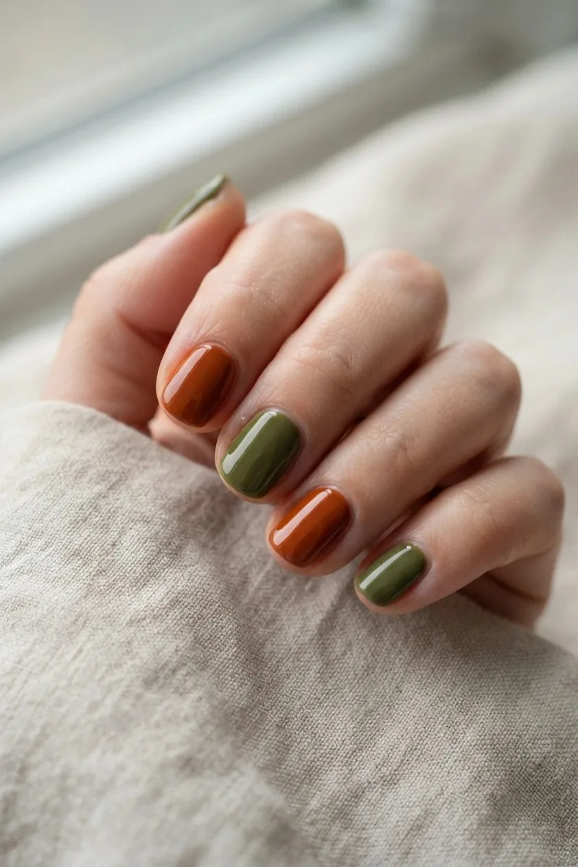 Alternating nails in olive green and burnt rust orange