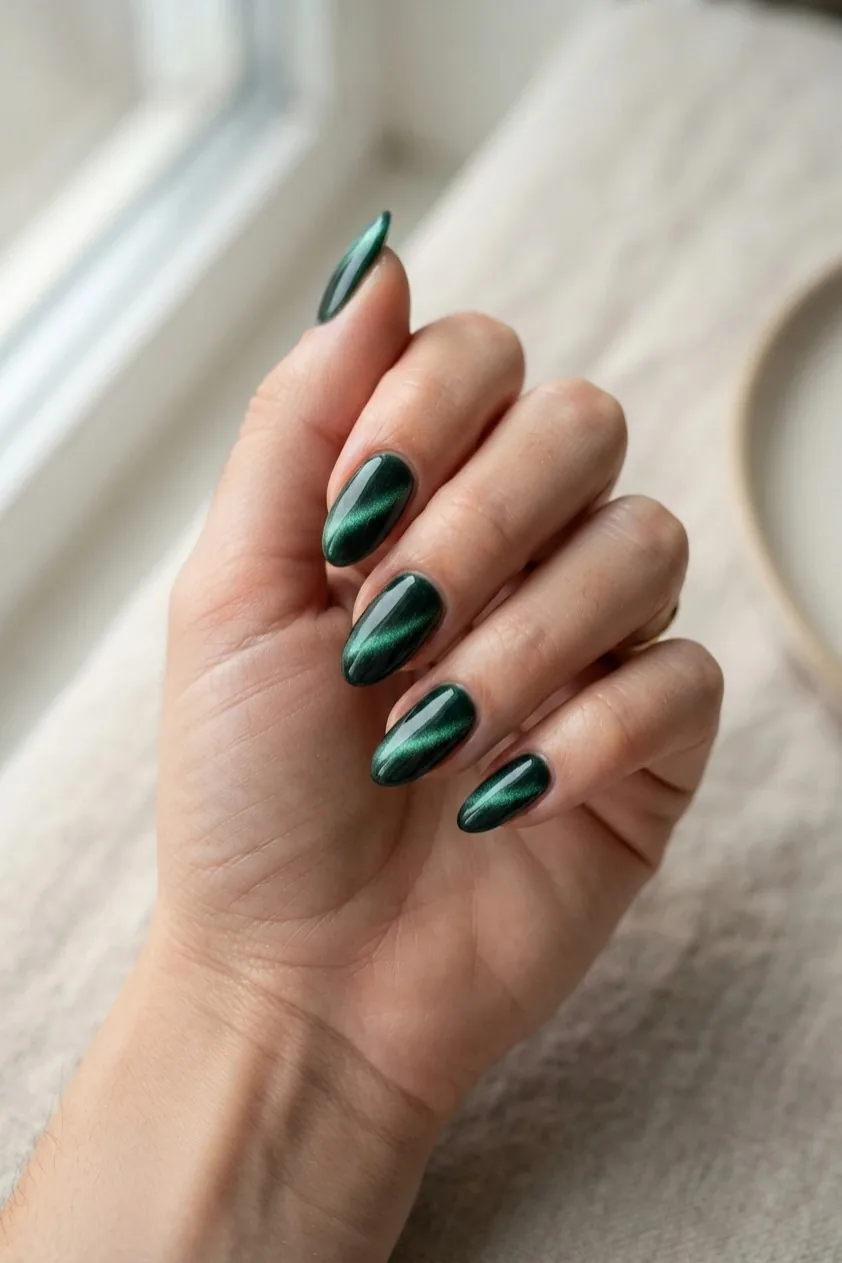 Almond nails in a deep green magnetic cat eye gel with a band of shimmer
