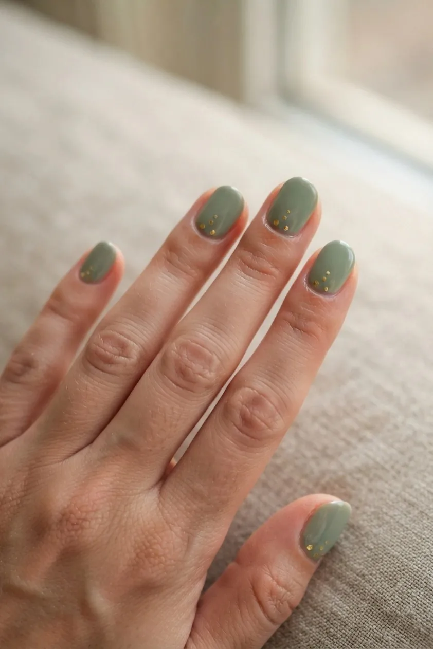 Sage green nails with tiny scattered gold dots near the cuticle