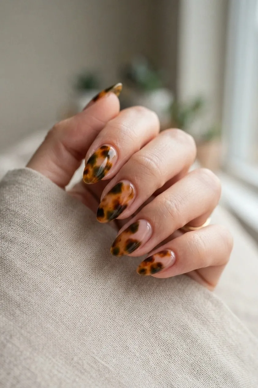 Almond nails in an amber and dark olive green tortoiseshell pattern