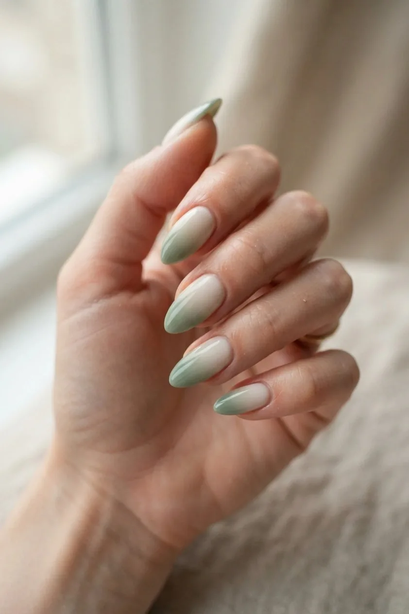 Almond nails in a soft ombre fading from sage green at the tips to cream
