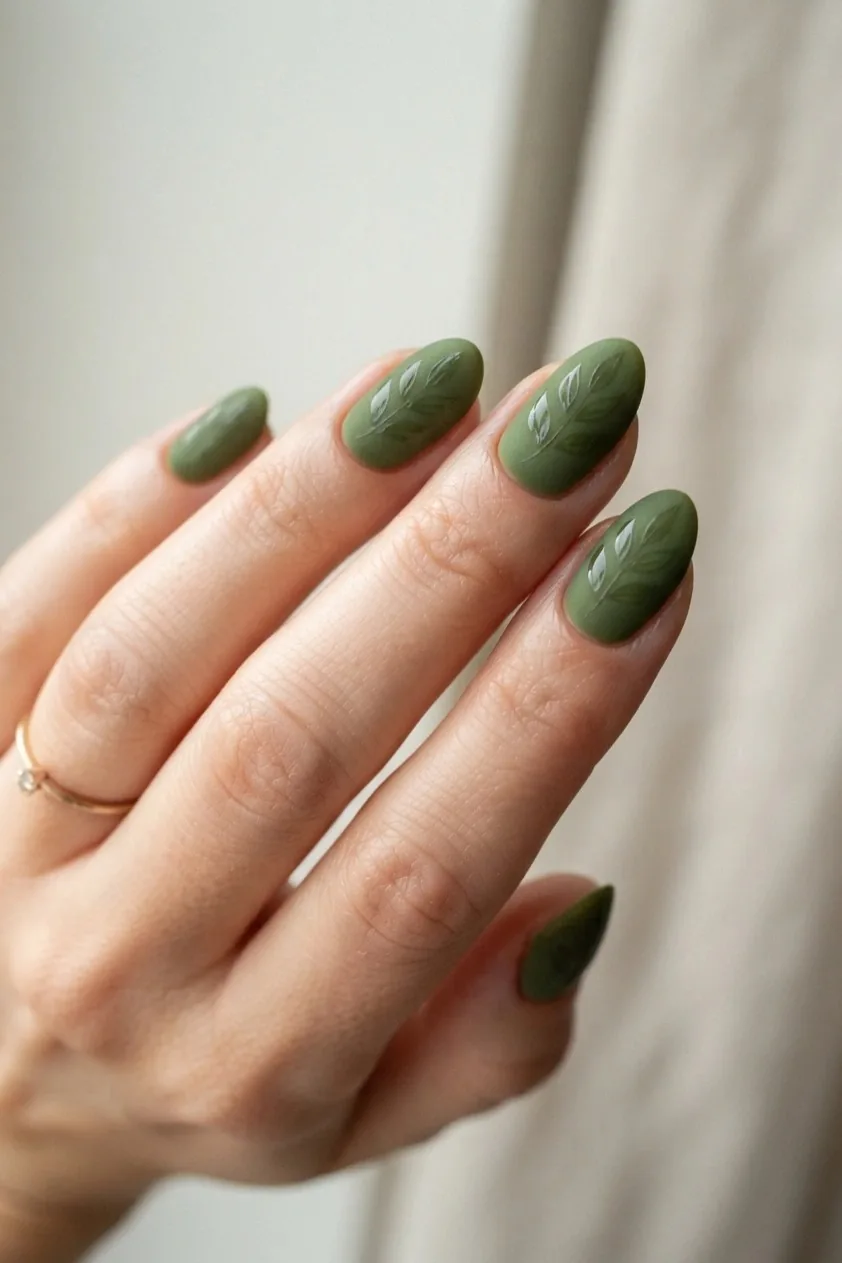 Matte moss green nails with a subtle glossy leaf shape catching the light