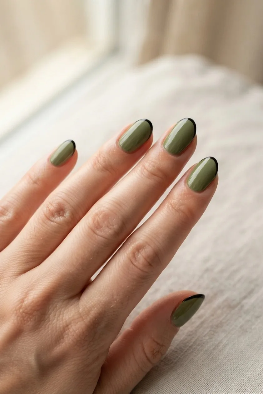 Olive green nails outlined at the free edge with a very fine black line