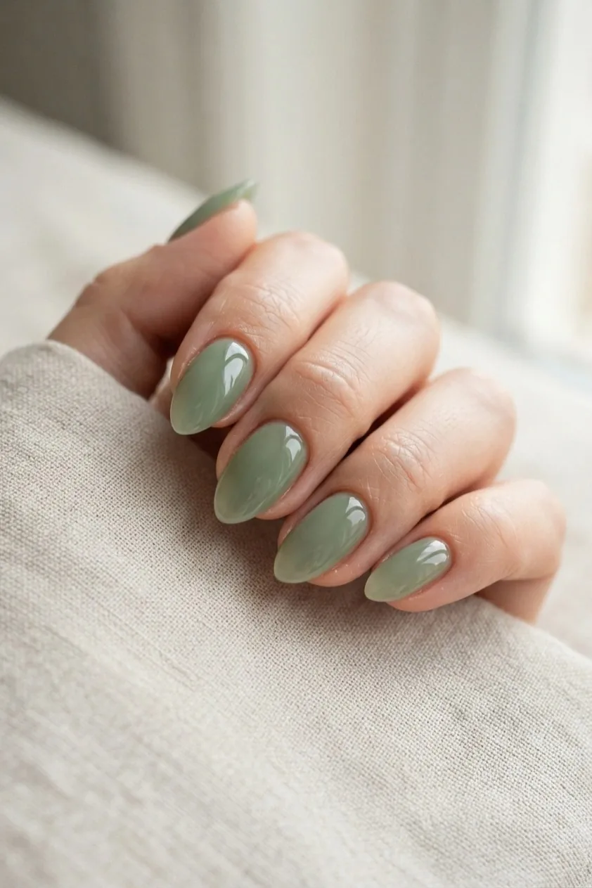 Almond nails in a translucent sage green jelly finish with a wet high shine