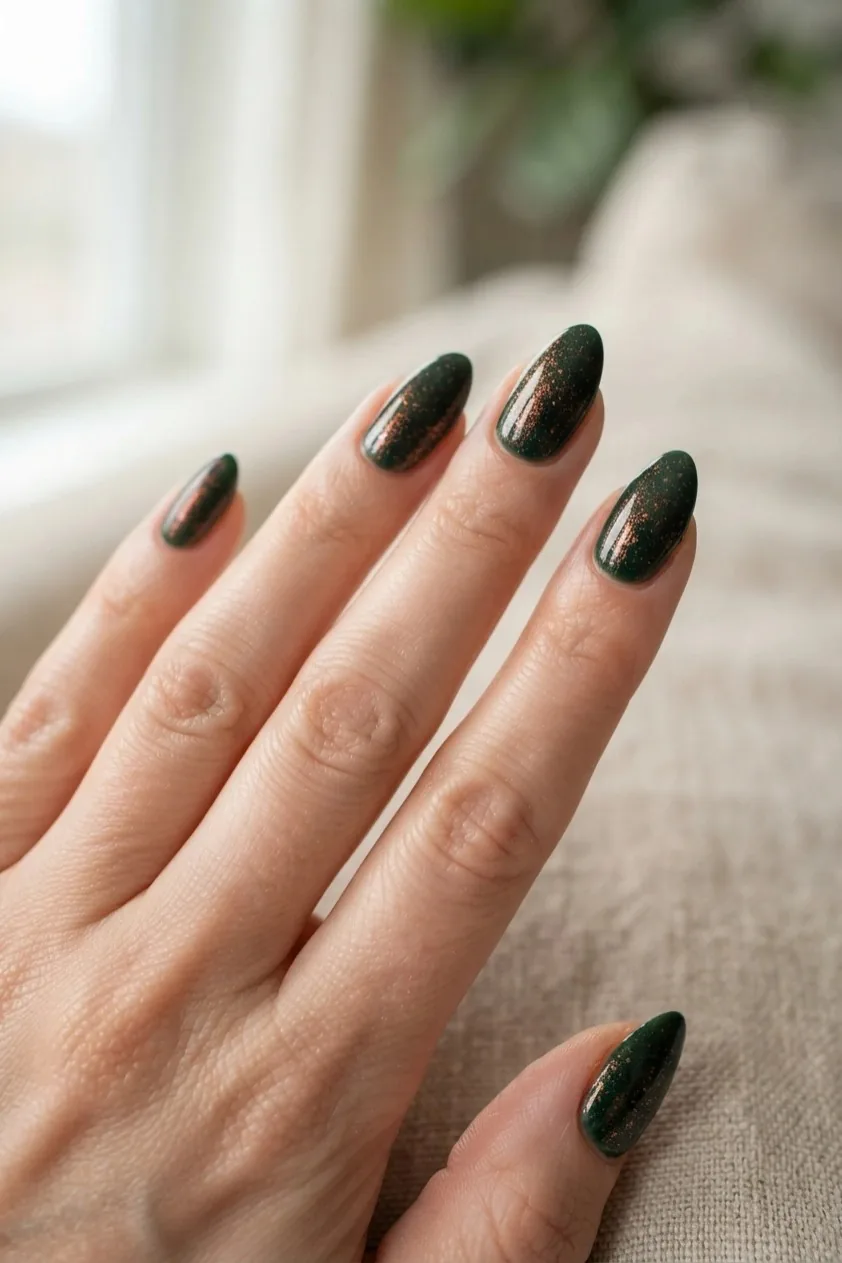 Almond nails in deep pine green with fine copper shimmer flecks