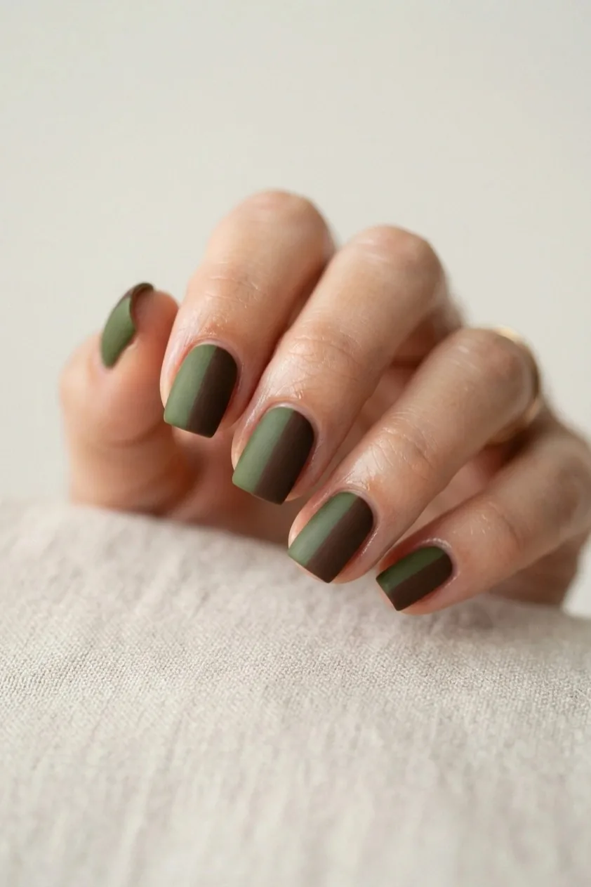 Square nails split into colour blocks of olive green and chocolate brown