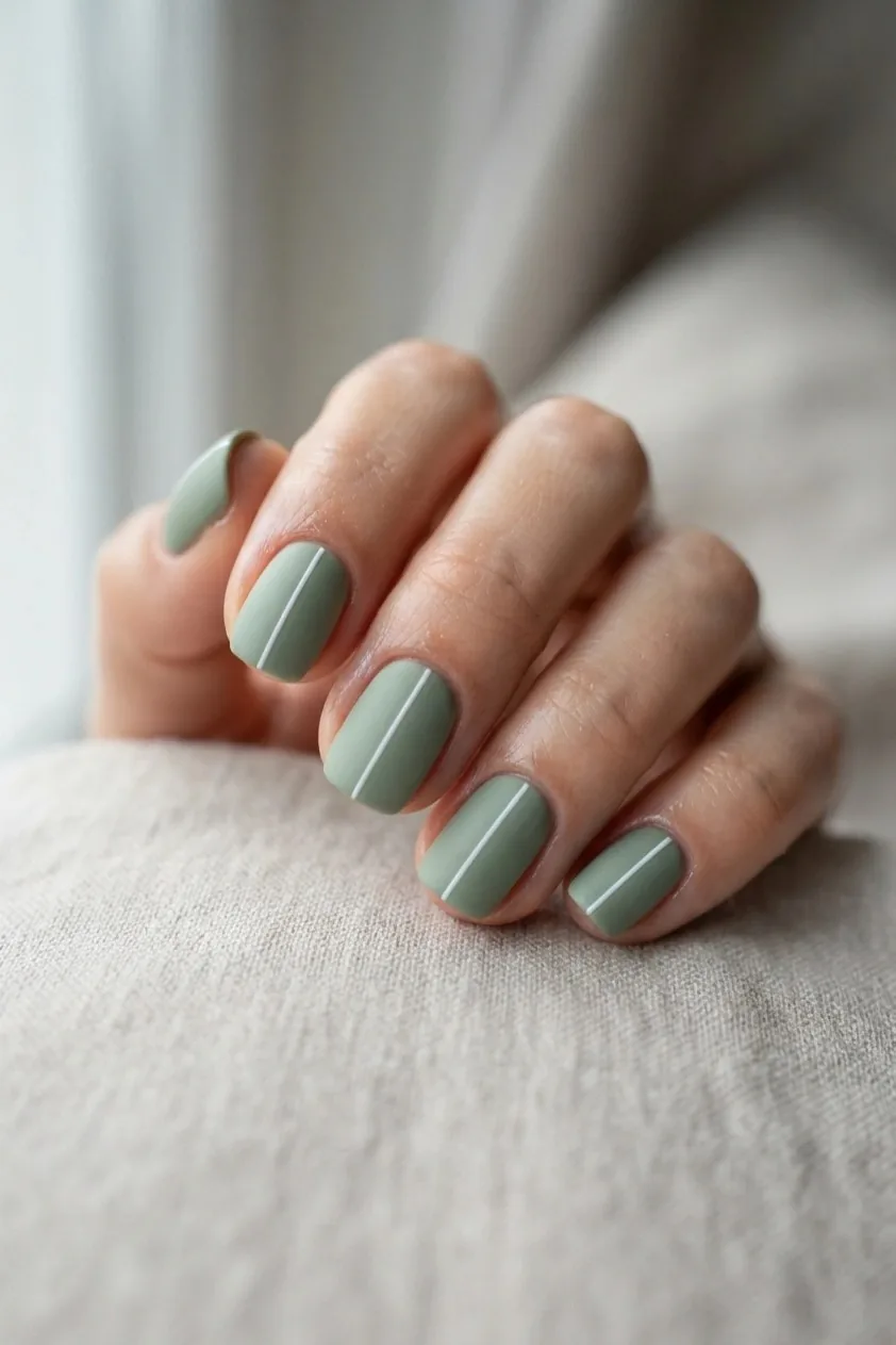 Short square nails in sage green with one fine white line running lengthways