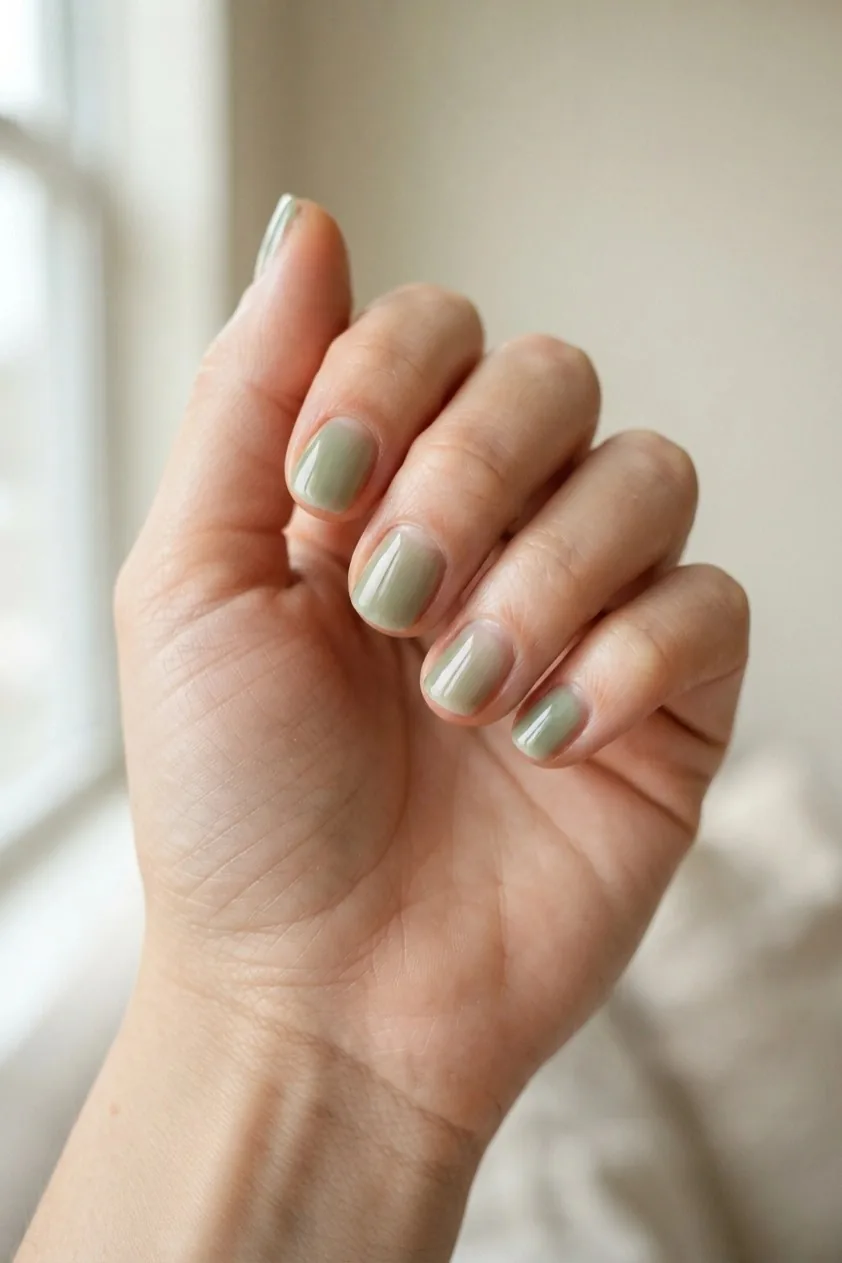 Short natural nails in a sheer translucent sage green wash