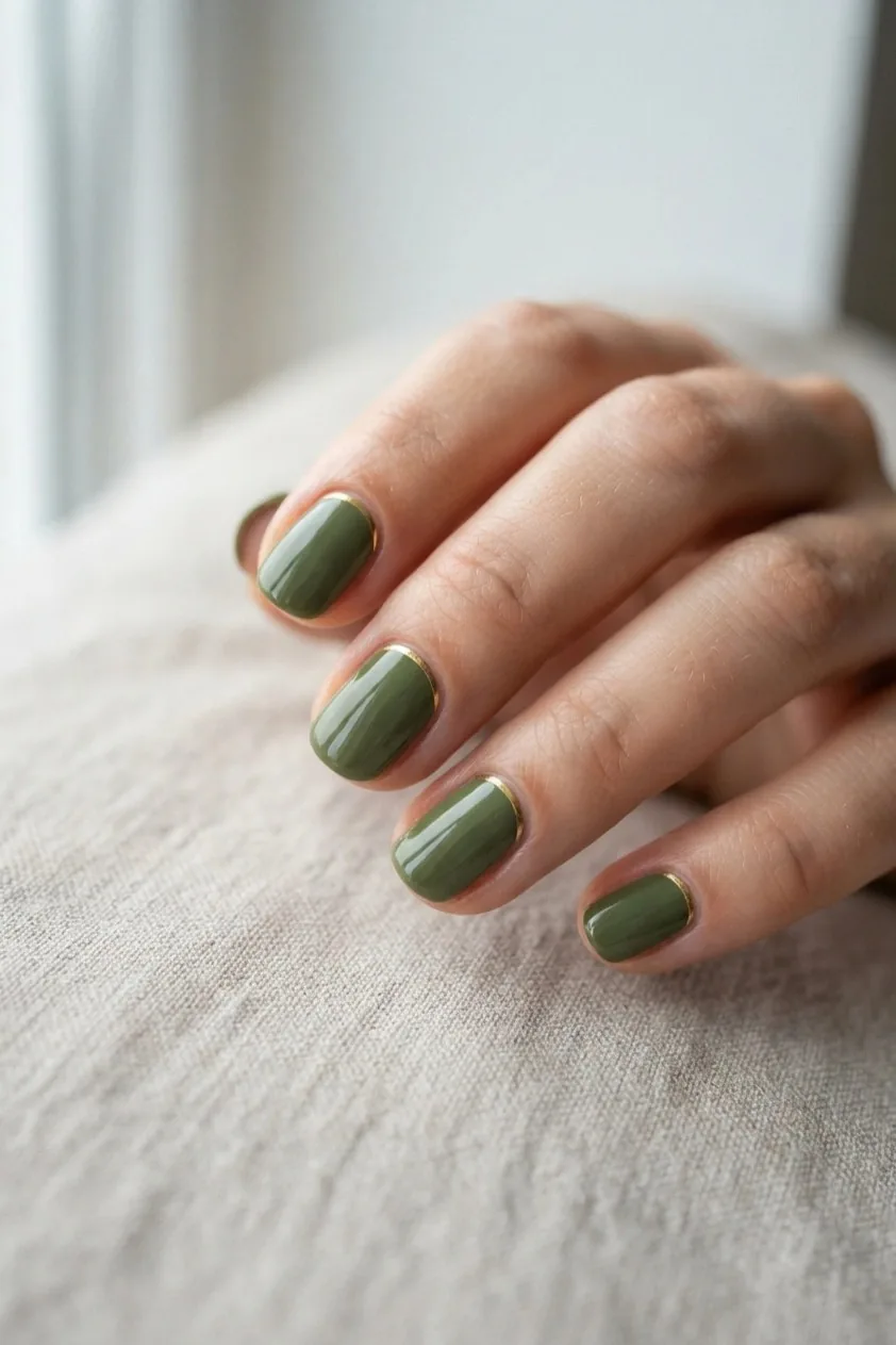 Olive green nails with a fine gold arc following the cuticle curve
