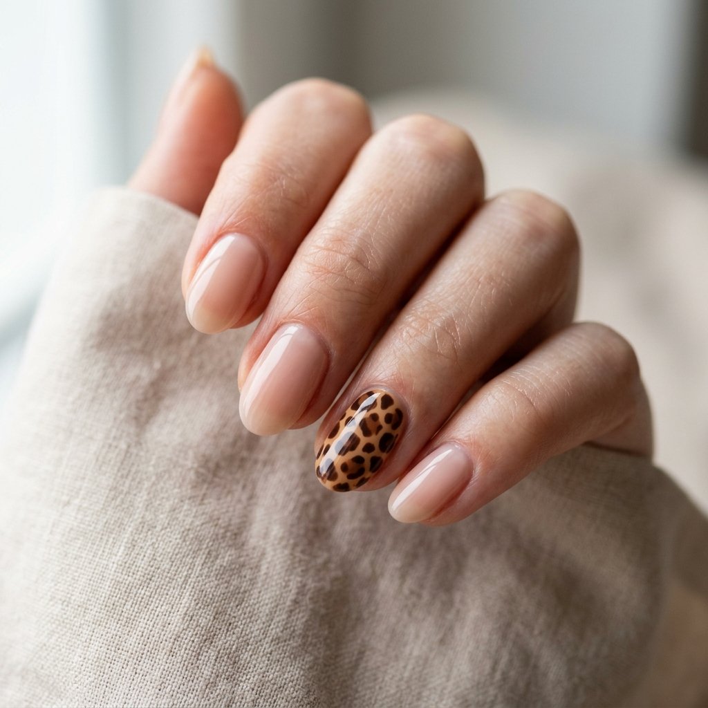 Nude nails featuring a brown and tan animal print accent nail design